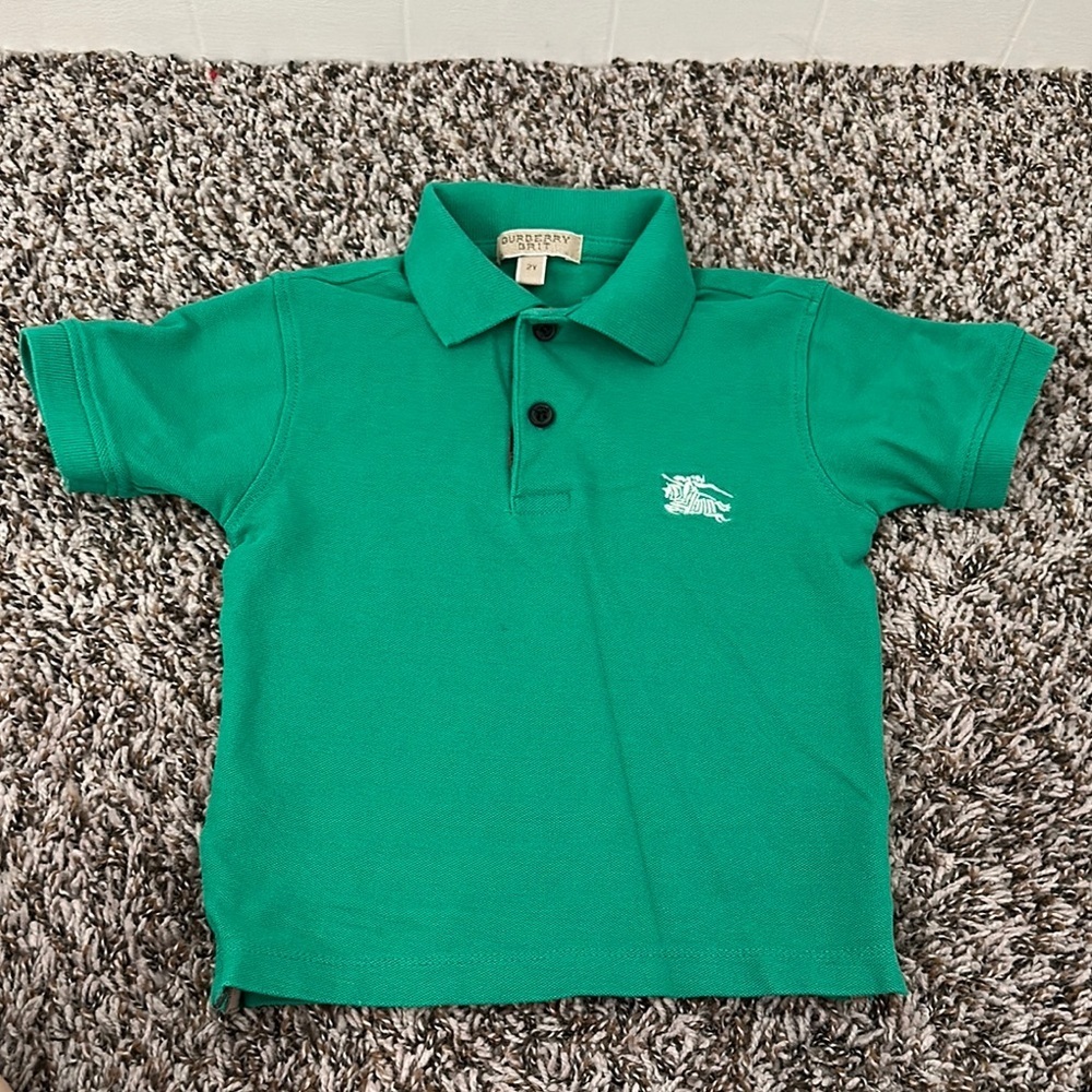 Burberry Brit Polo Top Boys Green Short Sleeves Logo Two Button Size 2